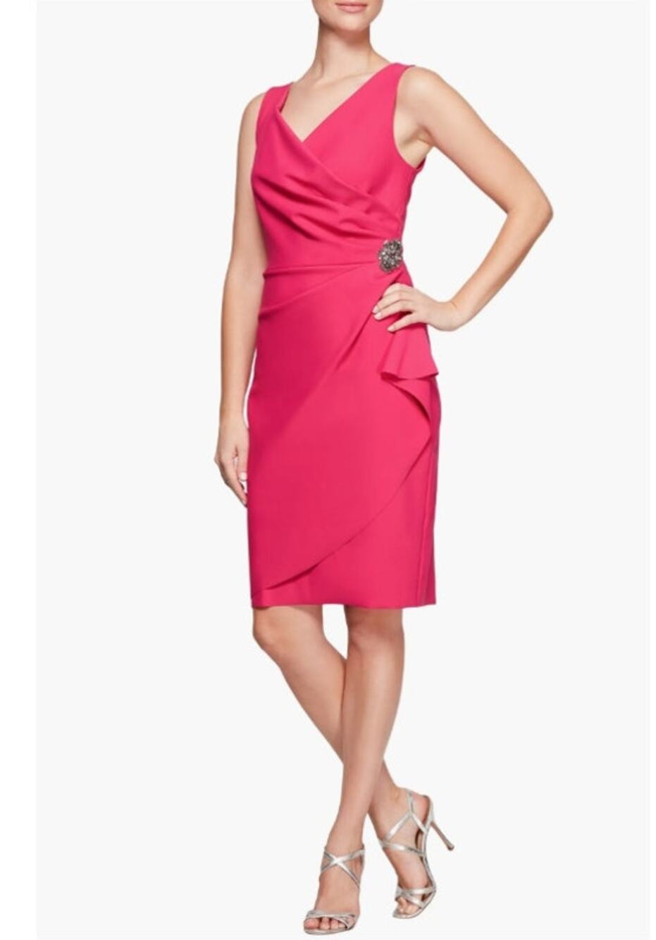 Alex Evenings Side Ruched Cocktail Dress Fuschia Sz. 6 NWT Embellished Faux Wrap